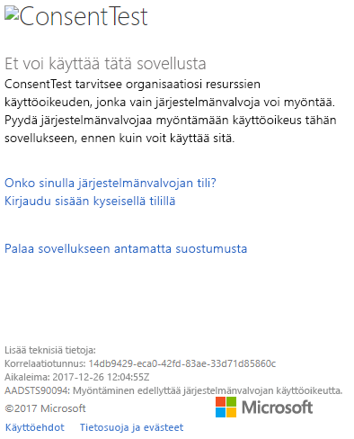 Näyttökuva ikkunan Azure-portaali kirjautumisvalintaikkunasta, jossa näkyy Suostumustesti-käyttöoikeusvirhe.