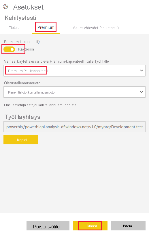 Näyttökuva työtilan Premium-asetuksista Power BI -palvelussa. Valittu kapasiteetti ja Tallenna-painike näkyvät korostettuina.