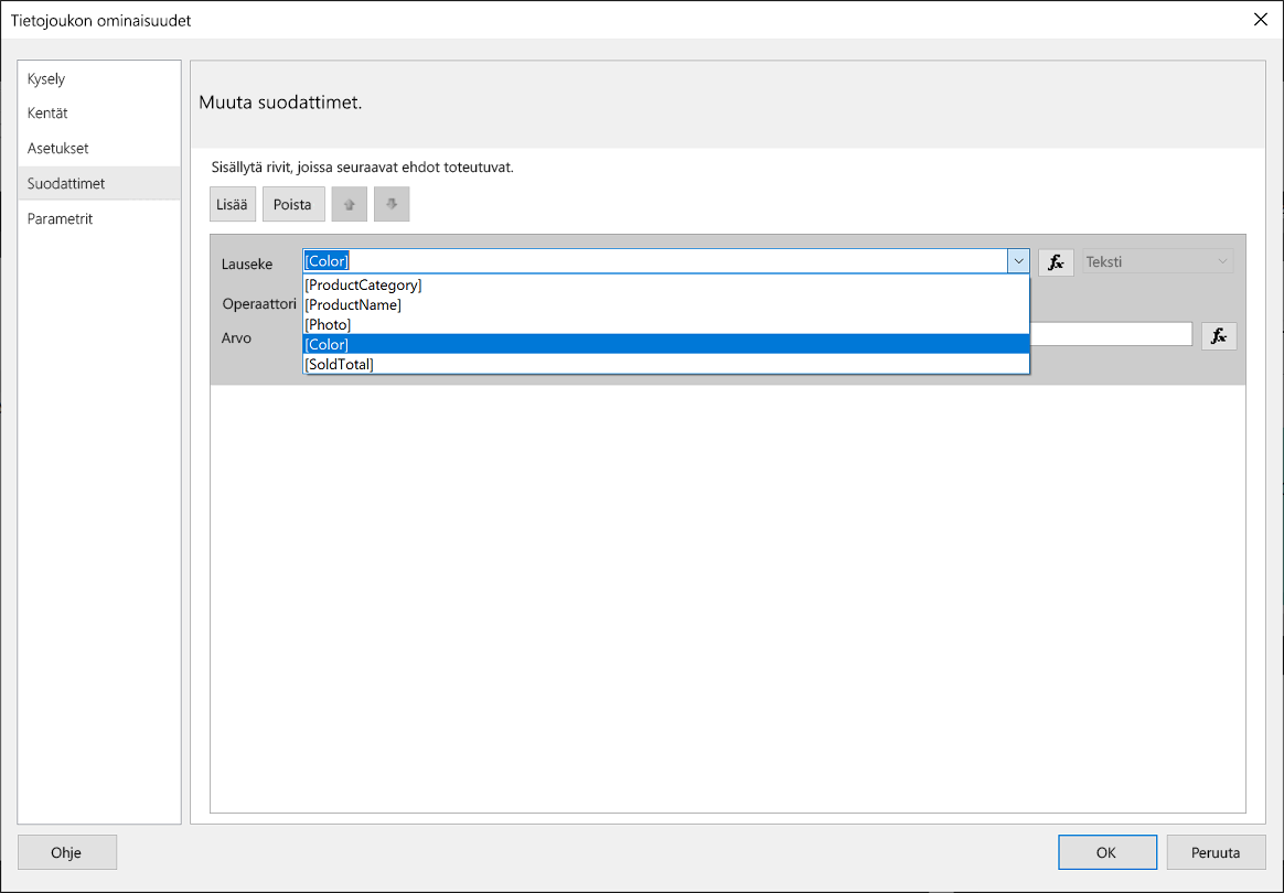 Näyttökuvassa näkyy Lauseke-valikosta valittu arvo Väri.
