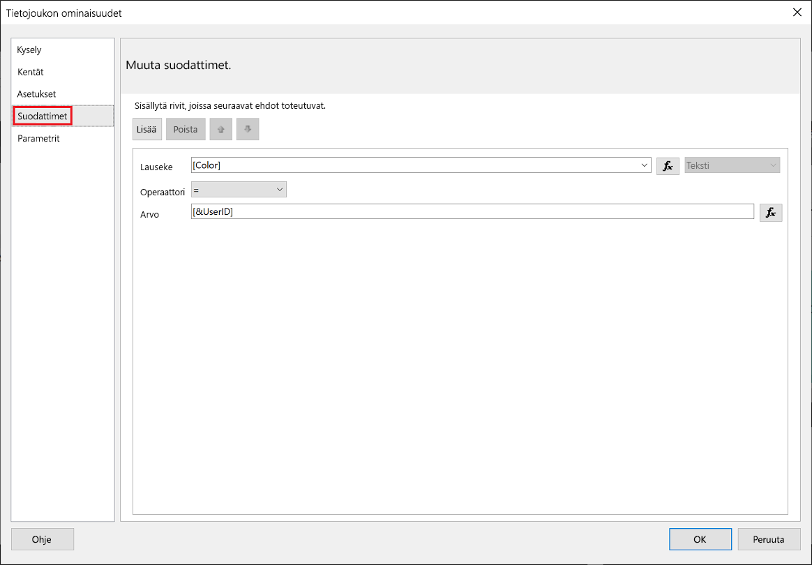 Näyttökuva Power BI:n raportin muodostimen suodattimesta.