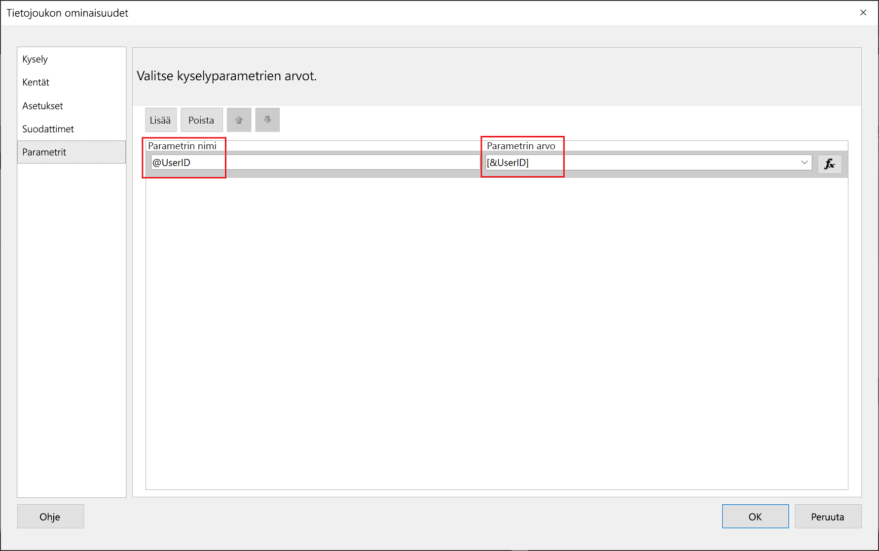 Power BI Report Builder -parametrin nimi