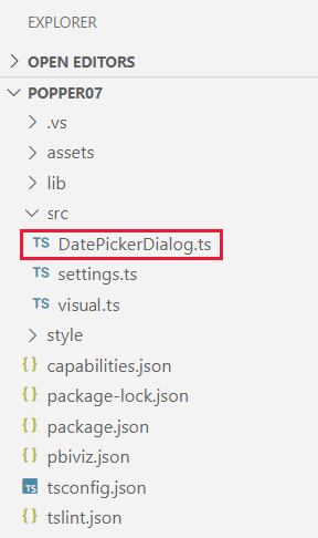 Näyttökuva, jossa näkyy DatePickerDialog.ts -valintaikkunan toteutustiedoston sijainti Power BI -visualisointiprojektissa.