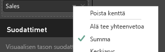 Näyttökuva summasta valittuna kentän avattavasta valikosta.