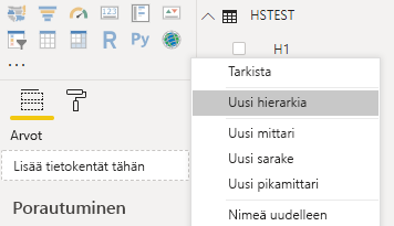 Näyttökuvassa näkyy Power BI Desktop ja Uusi hierarkia valittuna tilannekohtaisessa valikossa.