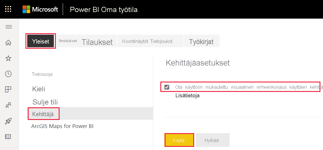 Ota kehittäjätila käyttöön -toiminnon näyttökuva Power BI:n asetukset-, Kehittäjäasetukset-välilehdeltä.