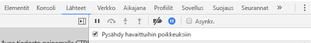 Näyttökuva näyttää Lähteet-välilehden, jossa on valittuna Keskeytys havaittujen poikkeusten ilmetessä.