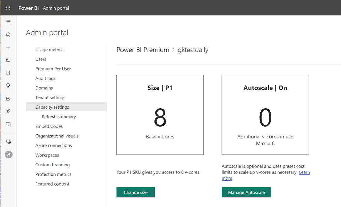 Näyttökuva Power BI -hallintaportaalin näytöstä, jossa näkyvät P1-kapasiteettiasetukset.