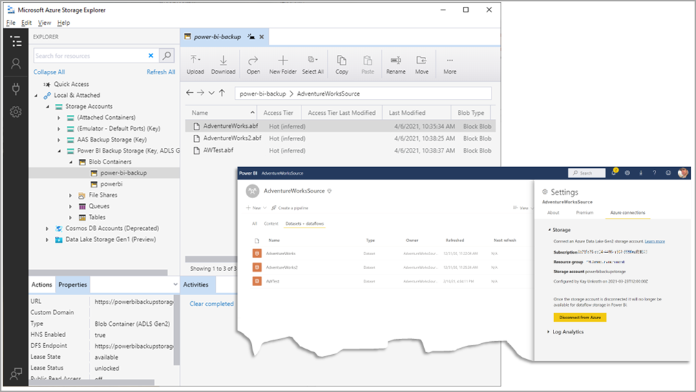 Näyttökuva Azure-tallennus Explorerista, jossa on valittuna varmuuskopio. Asetukset-valintaikkuna näkyy osassa Power BI -ikkunaa.