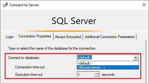 Näyttökuva, jossa näkyy SQL Server Profiler connect to server -valintaikkuna. Muodosta yhteys tietokantaan -osio on korostettuna.