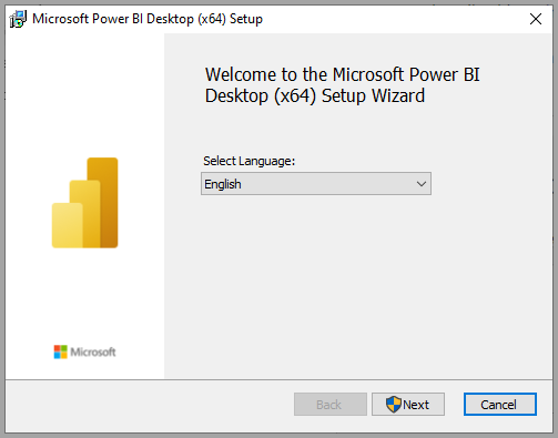 Näyttökuva Power BI Desktop -asennuksesta, jossa näkyy ohjattu asennustoiminto.