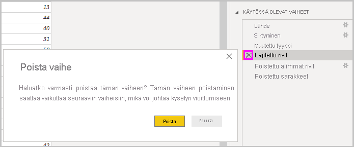 Näyttökuva Power BI Desktopista, jossa näkyy Poista vaihe -valintaikkuna.