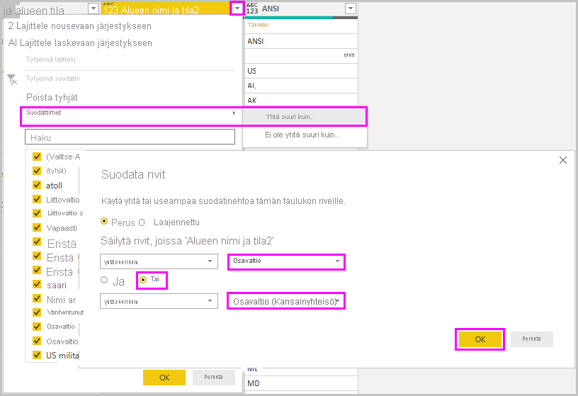 Power BI Desktopin näyttökuva, jossa näkyy Power Query -editorin Suodata rivit -kyselyruutu.