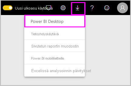 Näyttökuva Power BI -palvelusta, joka näyttää Lataa Power BI Desktop -vaihtoehdon.