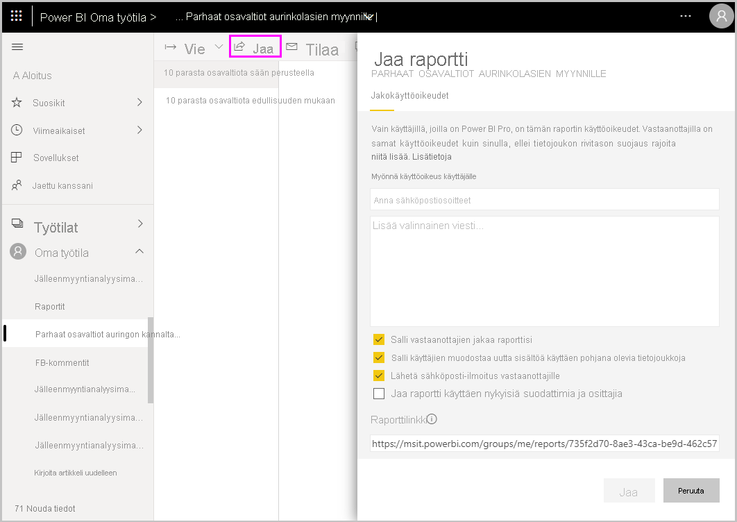 Näyttökuva Power BI Desktopista, jossa näkyy Jaa raportti -näyttö.