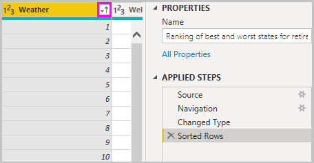 Näyttökuva Power BI Desktopista, joka näyttää Lajiteltu rivit -vaiheen kohdassa Käytössä olevat vaiheet.