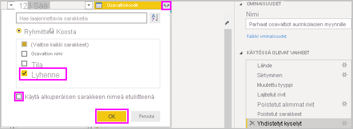 Näyttökuva Power BI Desktopista, jossa näkyy Osavaltiokoodien lyheneminen -sarake.