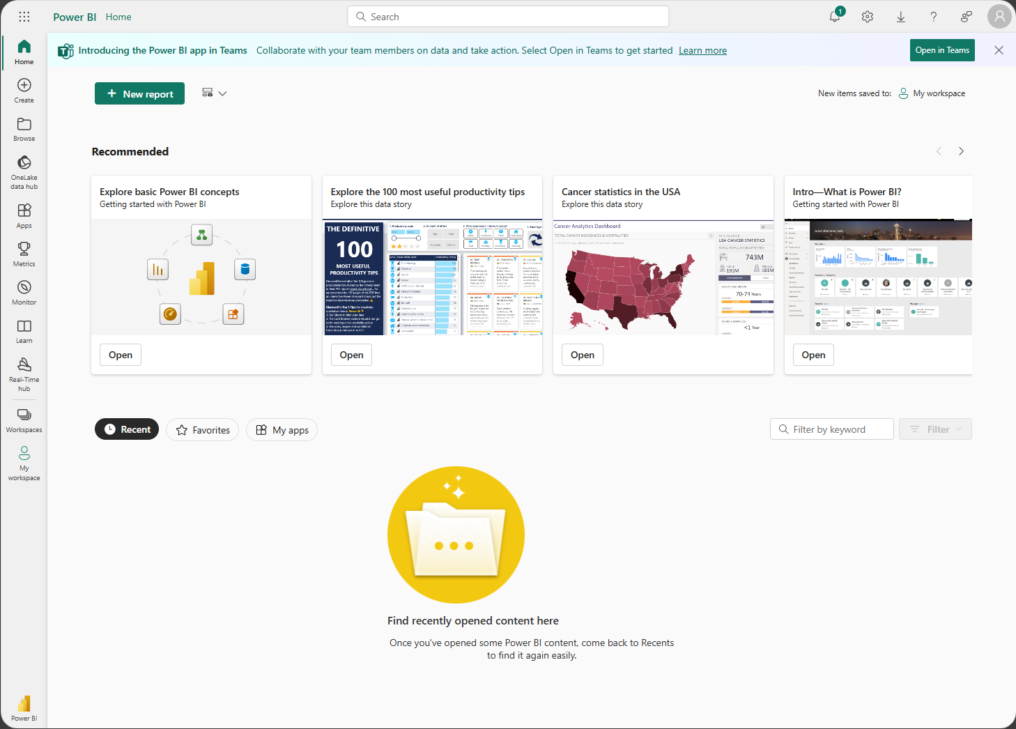 Näyttökuva Power BI:n aloitusnäytöstä.