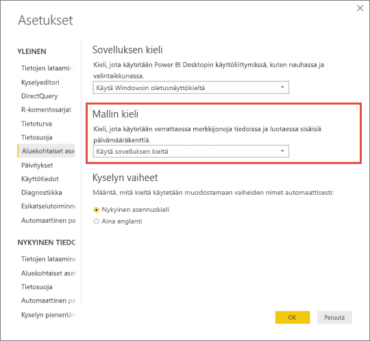 Power BI Desktopin näyttökuva, joka näyttää, miten mallin kieli määritetään.