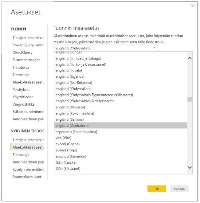 Power BI Desktopin näyttökuva, jossa on Asetukset-valintaikkuna.