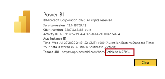 Näyttökuva Tietoja Power BI:stä -valintaikkunasta, jossa asiakkaan vuokraajatunnus on korostettuna.