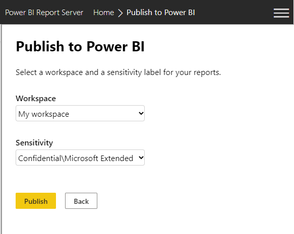 Näyttökuva, jossa näkyy työtilan valitseminen Power BI -palvelussa.