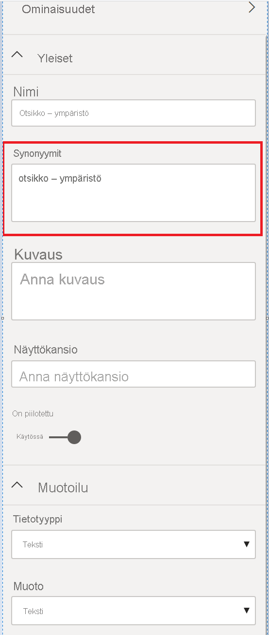 Screenshot showing the Q&A Properties pane with the Synonyms field highlighted.