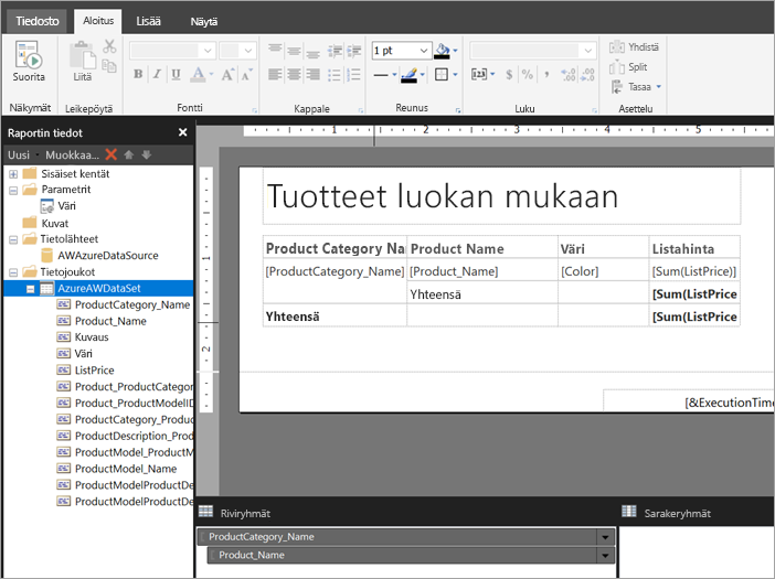 Näyttökuva tietojoukosta raportin suunnittelunäkymässä.