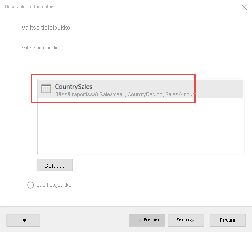 Näyttökuva Valitse tietojoukko -valintaikkunasta.
