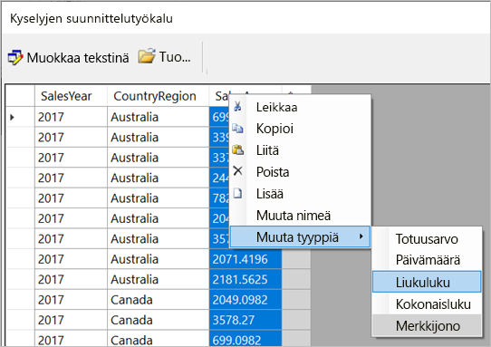 Näyttökuva Muuta tietotyyppiä -vaihtoehdoista.