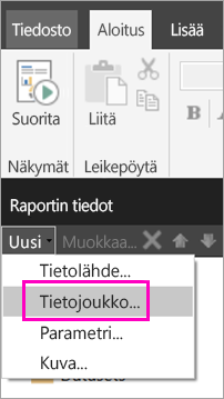 Näyttökuva Tietojoukko-vaihtoehdosta Raporttitiedot-ruudussa.