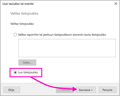 Näyttökuva, jossa näkyy Luo tietojoukko -vaihtoehdon etsiminen.