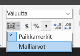 Näyttökuva, jossa näkyy, missä malliarvot valitaan.