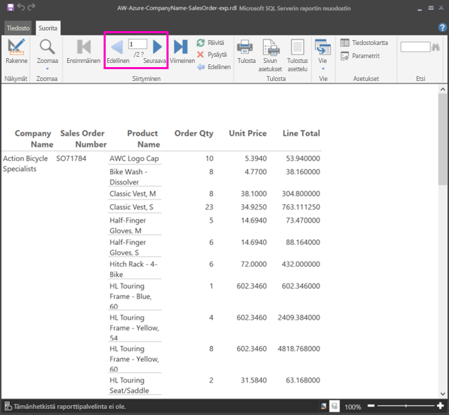 Raportin näyttökuva, joka näyttää, mistä sivunumeron ja sivun siirtymisnuolet löytyvät.