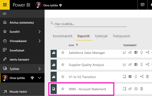 Näyttökuva, jossa sivutettu raportti näkyy Raportit-luettelossa.