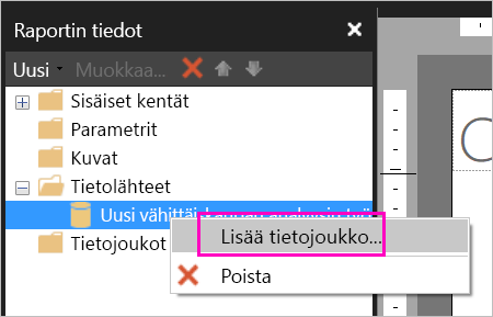 Näyttökuva Lisää tietojoukko -vaihtoehdosta Tietolähteet-kohdassa.