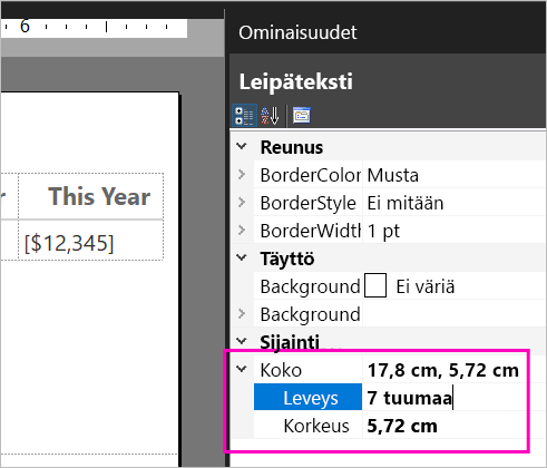 Näyttökuva leipätekstin koon ominaisuuksista.