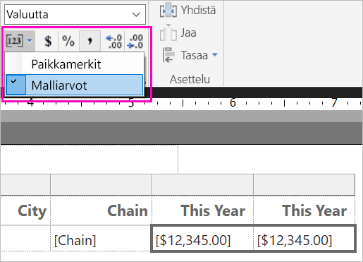 Näyttökuva muotoilun malliarvoista.