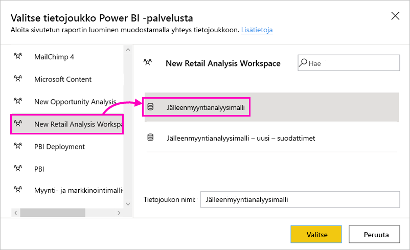 Näyttökuvassa näkyvät tietojoukot, joista valitaan.