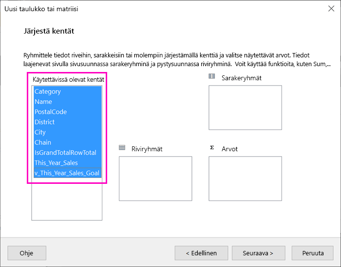 Näyttökuva ohjatussa taulukon luomisessa käytettävissä olevista kentistä.