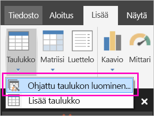 Näyttökuva Lisää-valintanauhan Ohjattu taulukon luominen -painikkeesta.