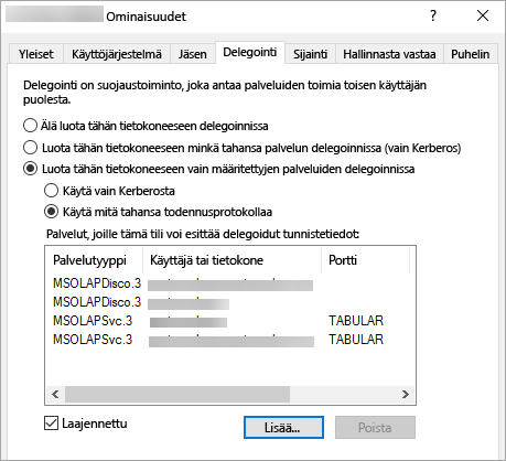 Power BI -raporttien näyttökuva, jossa on Ominaisuudet-ikkunan Delegointi-välilehti.