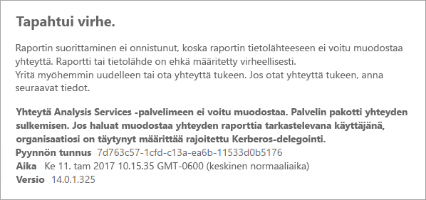 Näyttökuva Power BI -raporteista, joka näyttää Analysis Services -palvelimeen liittyviä yhteysongelmia koskevan virhesanoman.