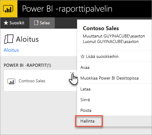 Select Manage from the Power BI report context menu