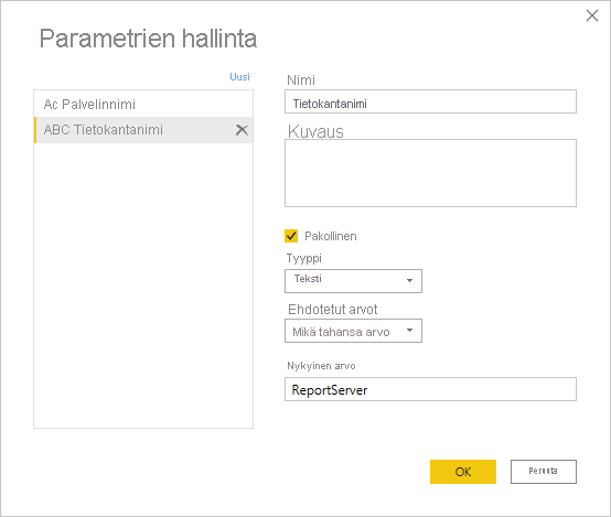 Manage Parameters, set servername and databasename.