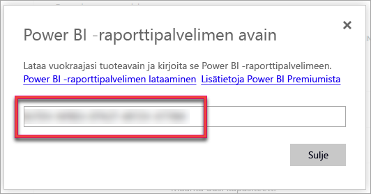 Näyttökuva Power BI -raporttipalvelimen tuoteavaimesta.