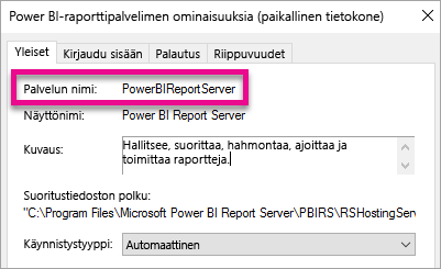 Raporttipalvelimen Windows-palvelun ominaisuudet