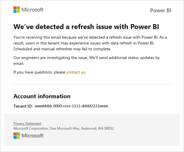 Näyttökuva sähköpostiviestistä, jossa ilmoitetaan vastaanottajalle Power BI:n päivitysongelmasta.