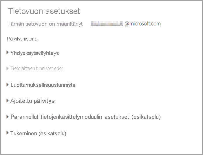 Näyttökuva tietovuon Asetukset sivusta, kun olet valinnut Asetukset avattavasta tietovuovalikosta.