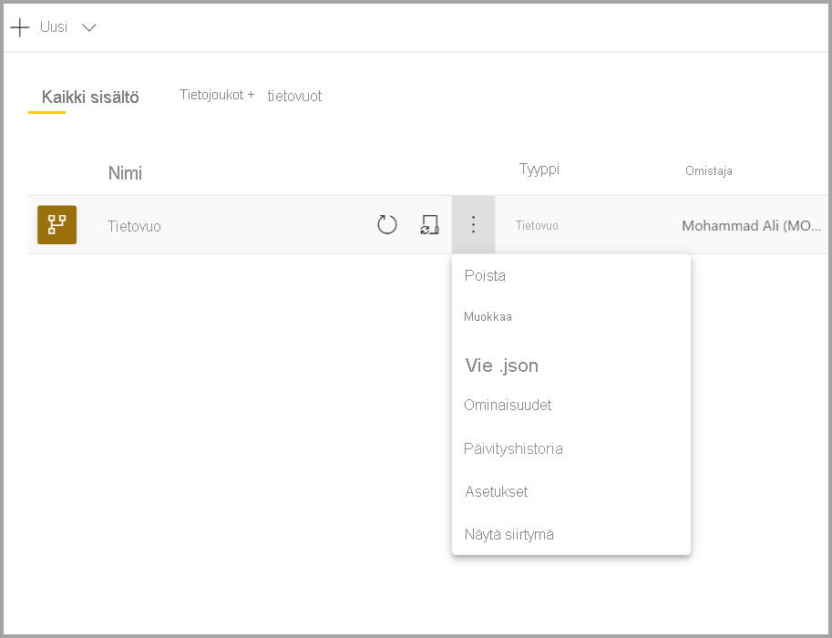 Näyttökuva Power BI -tietovuon avattavan valikon asetuksista.