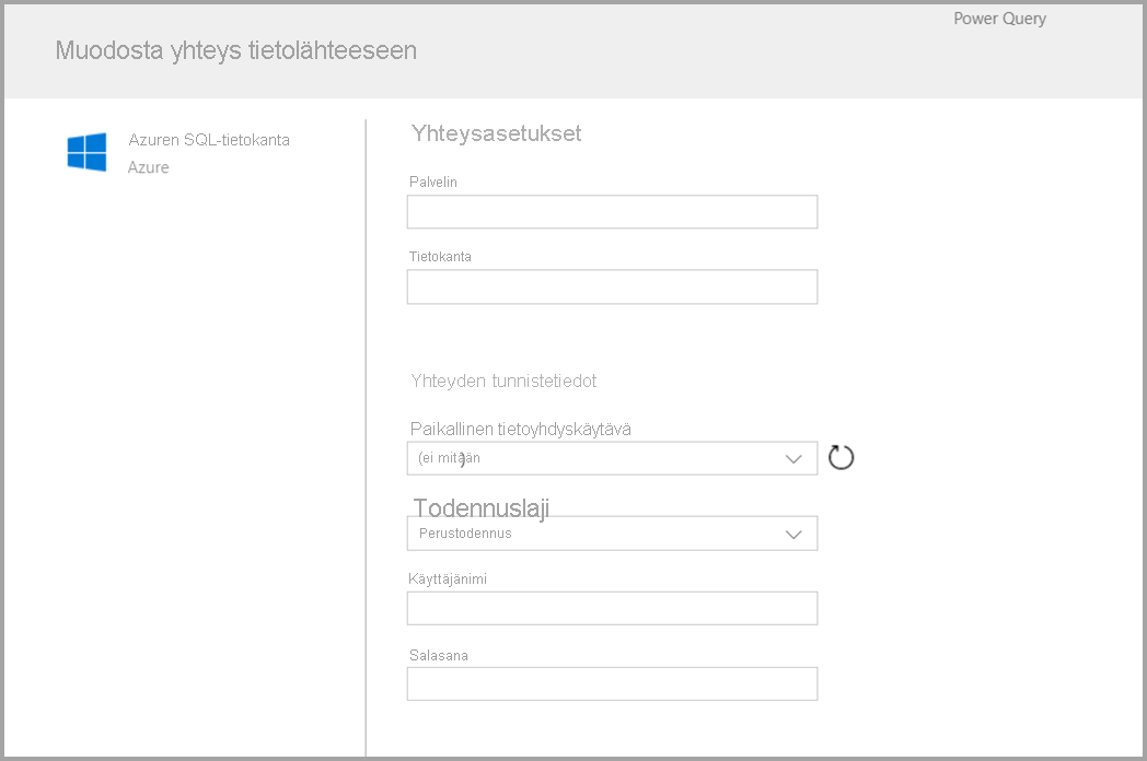 Näyttökuva lomakkeesta, joka näytetään, kun olet valinnut Azure SQL:n liittimeksi.